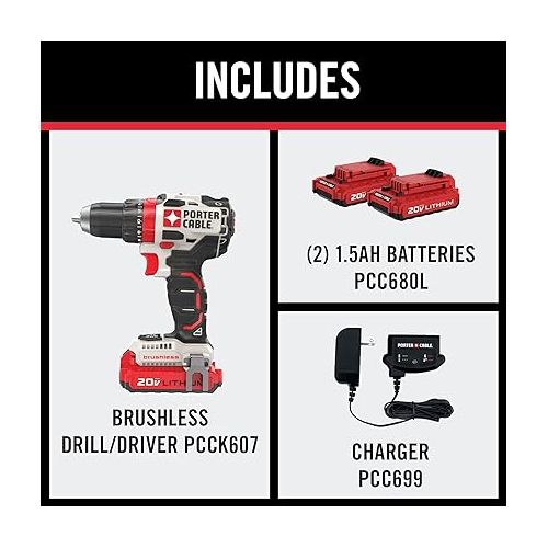  PORTER-CABLE PCCK607LB 20V MAX Brushless Cordless Drill Driver, 1/2