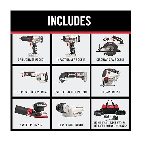  PORTER-CABLE 20V MAX* Cordless Drill Combo Kit, 8-Tool (PCCK6118)