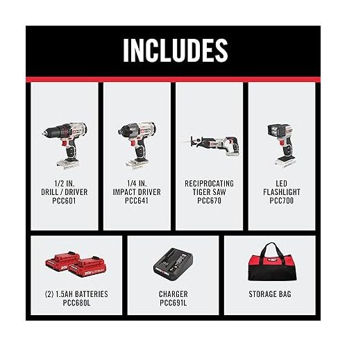  PORTER-CABLE 20V MAX* Cordless Drill Combo Kit, 4-Tool (PCCK615L4)