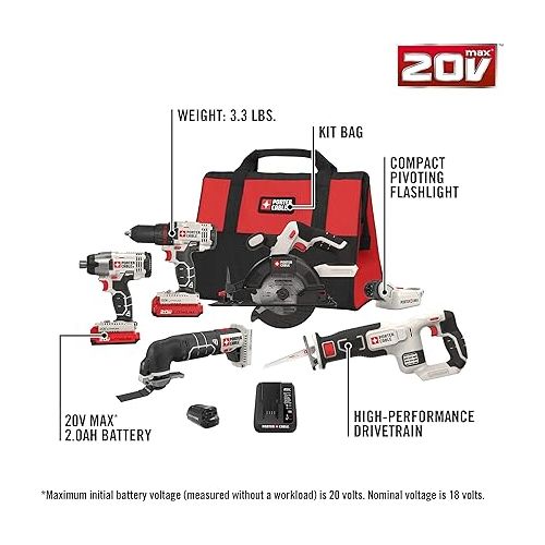  PORTER-CABLE PCCK617L6 20V MAX* Lithium Ion 6-Tool Combo Kit with Free USB Device