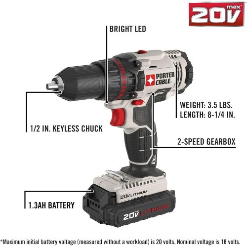  PORTER-CABLE 20V MAX Cordless Drill Combo Kit and Impact Driver, 2-Tool (PCCK604L2)