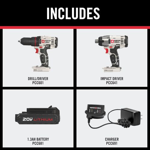  PORTER-CABLE 20V MAX Cordless Drill Combo Kit and Impact Driver, 2-Tool (PCCK604L2)