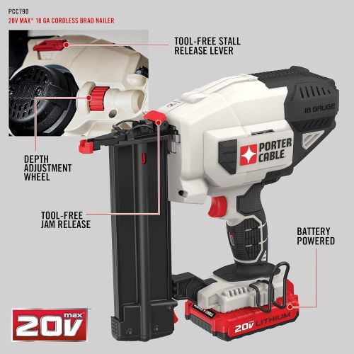  PORTER-CABLE 20V MAX Cordless Brad Nailer Kit with 1 Battery, 18GA (PCC790LA)