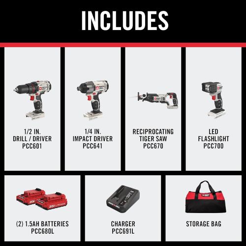  [아마존베스트]PORTER-CABLE 20V MAX Cordless Drill Combo Kit, 4-Tool (PCCK615L4)