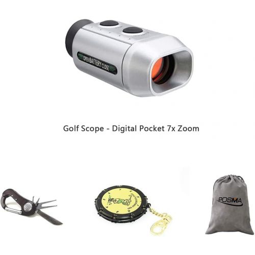  POSMA GF200E New Golf Rangefinder - Digital Pocket 7X Zoom Golf Range Finder Bundle Set with 1pc 5 in 1 Golfers Tool + 1pc 18 Hole Score Caddy + 1pc Flannel Gift Bag