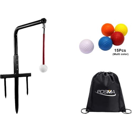  POSMA ST080 Metal Golf Swing Trainer Club Champ Swing Groover Golf Training Aid 15pcs Multi Color PU Practice Balls Gift Set - Come Cinch Sack Carry Bag in Black