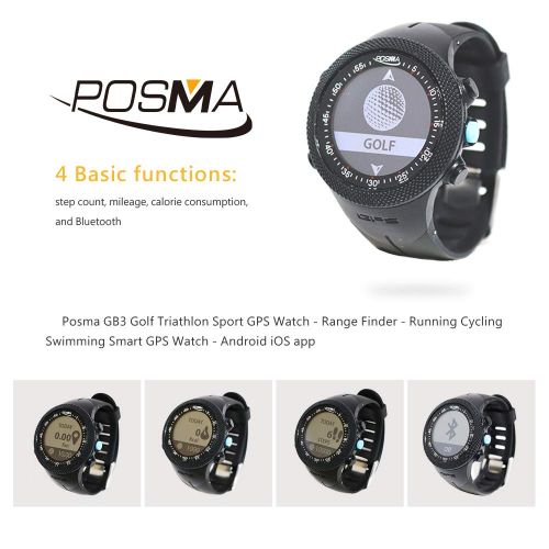 POSMA GS-GB3A Golf Triathlon Multi Sport GPS Watch Range Finder Deluxe Gift Set with 5-in-1 Divot Tool Golf Towel and 21 LED UV Ball Finder Torch Included Elegant Gift Box