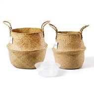 POTEY 720102 Seagrass Plant Basket Set of 2 - Hand Woven Belly Basket with Handles, Large Storage Laundry Picnic Plant Pot Cover Home Decor and Woven Straw Beach Bag (Large+Extra L