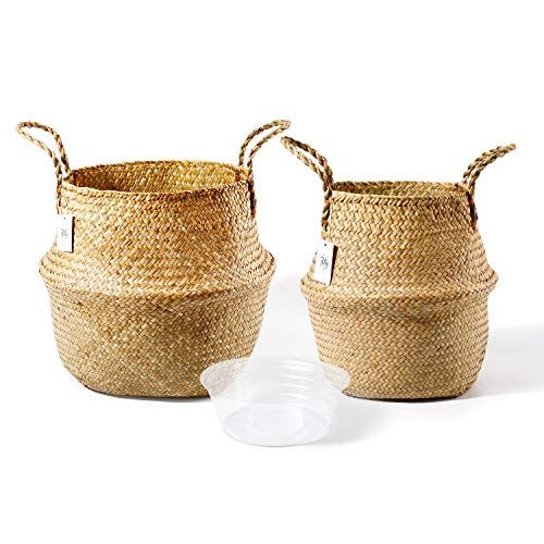  POTEY 720102 Seagrass Plant Basket Set of 2 - Hand Woven Belly Basket with Handles, Large Storage Laundry Picnic Plant Pot Cover Home Decor and Woven Straw Beach Bag (Large+Extra L