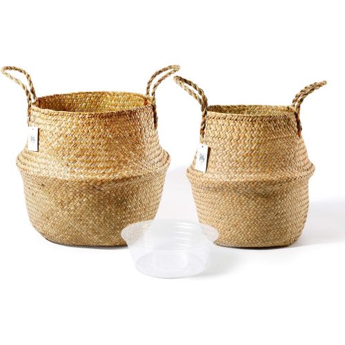  POTEY 720102 Seagrass Plant Basket Set of 2 - Hand Woven Belly Basket with Handles, Large Storage Laundry Picnic Plant Pot Cover Home Decor and Woven Straw Beach Bag (Large+Extra L