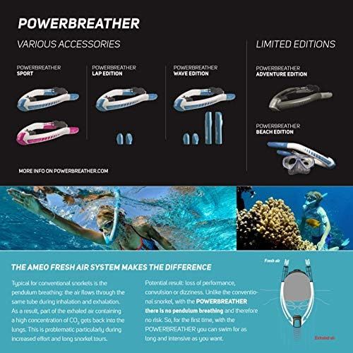  POWERBREATHER Wave - Schnorchelset fuer jeden Einsatzbreich - 100% frische Luft, 100% trocken, kein Ausblasen nach Tauchgang durch patentierte Ventiltechnik by AMEO Sports