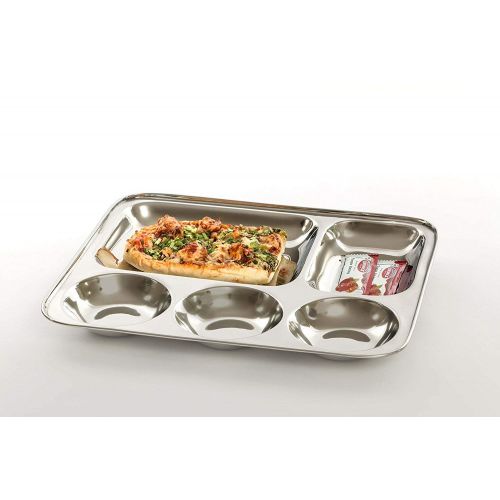  PRC Online Retail PRC Cafeteria Mess Trays; Stainless Steel 13 In. x 11 In. Rectangular 5-Compartment Divided Plates/Cafeteria Food Trays