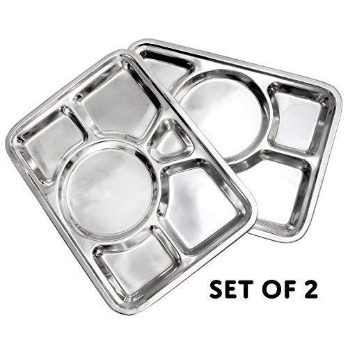  PRC Online Retail PRC Set Of 2 Cafeteria Mess Trays; Stainless Steel 16 In. x 11 In. Rectangular 6-Compartment Divided Plates/Cafeteria Food Trays