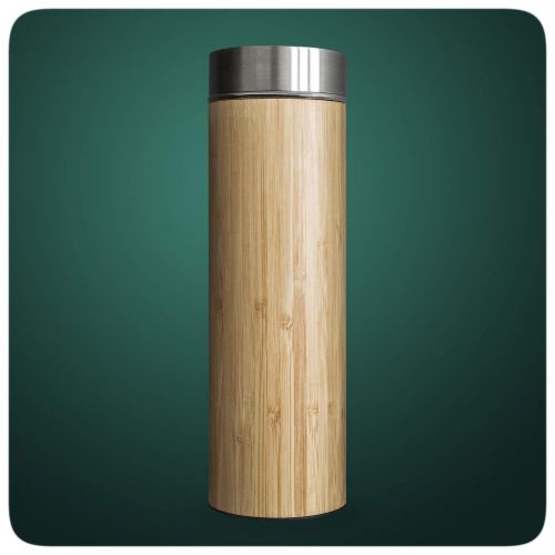  PRECORN Tee-to-go-Flasche Bambus Teeflasche 450ml doppelwandig Edelstahl Sieb & Deckel Thermobecher