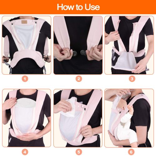  PRETTYLIFE Ergonomic Soft Baby Carrier, Multi-Position All Season Baby Sling with Bib, Easy-to-use, Comfort for Newborns to Toddlers up to 35lbs (Pink)