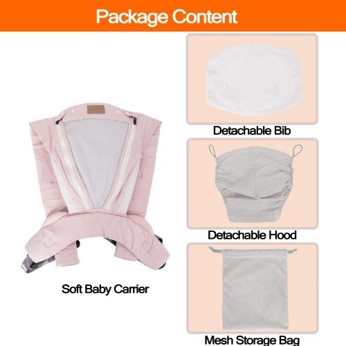  PRETTYLIFE Ergonomic Soft Baby Carrier, Multi-Position All Season Baby Sling with Bib, Easy-to-use, Comfort for Newborns to Toddlers up to 35lbs (Pink)