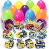 PREXTEX Toy Filled Easter Eggs with Pull-Back Construction & Engineering Vehicles (12 pack) - Plastic Easter Eggs with Toys Inside, Large Easter Eggs Birthday Party Favors - Easter Toys