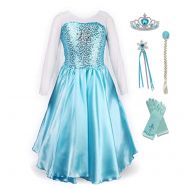 PRINNE JOVMIN Girl’s Princess Dress Elsa Costume Snow Fancy Dress Party Queen Halloween Costume with Accessories ( 5pc )