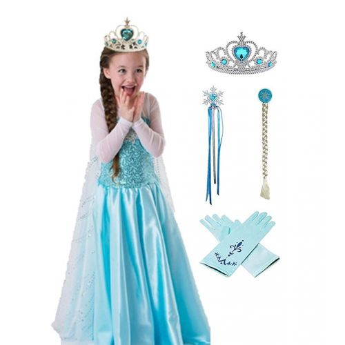  PRINNE JOVMIN Girl’s Princess Dress Elsa Costume Snow Fancy Dress Party Queen Halloween Costume with Accessories ( 5pc )