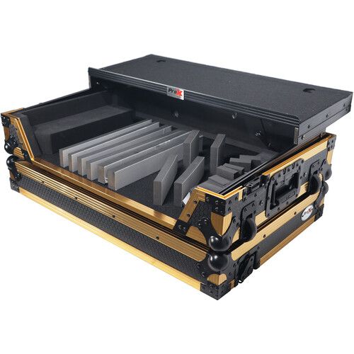 프로 ProX ATA Style Flight Case for Pioneer DDJ-1000/SRT, FLX6, SX3 DJ Controller with Shelf, Wheels, and LED (Gold/Black)