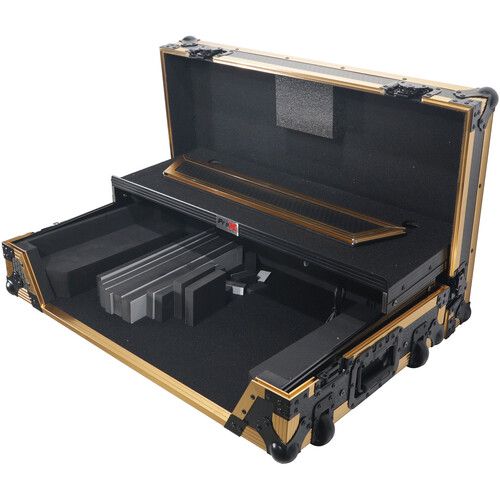 프로 ProX ATA Style Flight Case for Pioneer DDJ-1000/SRT, FLX6, SX3 DJ Controller with Shelf, Wheels, and LED (Gold/Black)