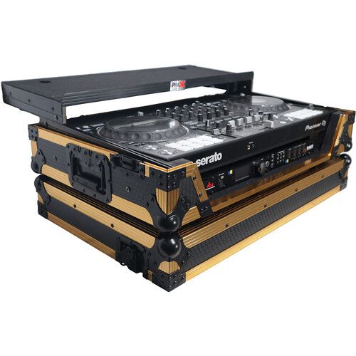 프로 ProX ATA Style Flight Case for Pioneer DDJ-1000/SRT, FLX6, SX3 DJ Controller with Shelf, Wheels, and LED (Gold/Black)