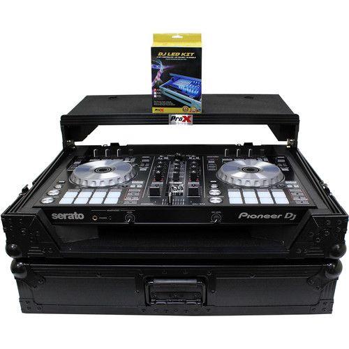 프로 ProX Flight Case for Pioneer DDJ-SR2 and Hercules DJControl Inpulse 500 Controllers with Laptop Shelf and LED Kit (Black on Black)