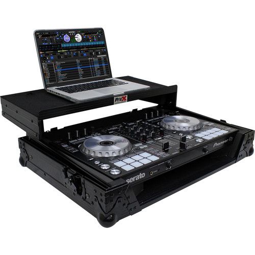 프로 ProX Flight Case for Pioneer DDJ-SR2 and Hercules DJControl Inpulse 500 Controllers with Laptop Shelf and LED Kit (Black on Black)