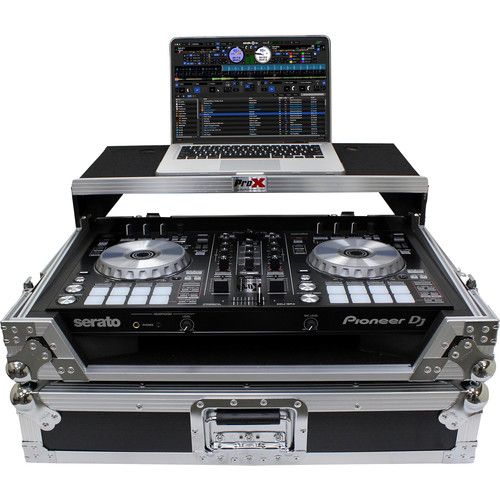 프로 ProX Flight Case for Pioneer DDJ-SR2 and Hercules DJControl Inpulse 500 Controllers with Laptop Shelf and LED Kit (Silver on Black)