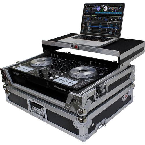 프로 ProX Flight Case for Pioneer DDJ-SR2 and Hercules DJControl Inpulse 500 Controllers with Laptop Shelf and LED Kit (Silver on Black)