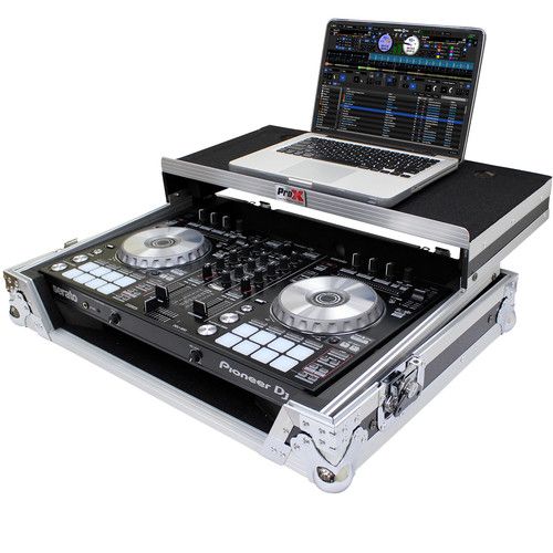 프로 ProX Flight Case for Pioneer DDJ-SR2 and Hercules DJControl Inpulse 500 Controllers with Laptop Shelf and LED Kit (Silver on Black)