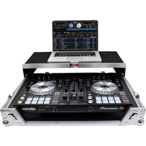 프로 ProX Flight Case for Pioneer DDJ-SR2 and Hercules DJControl Inpulse 500 Controllers with Laptop Shelf and LED Kit (Silver on Black)