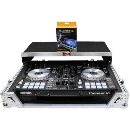 프로 ProX Flight Case for Pioneer DDJ-SR2 and Hercules DJControl Inpulse 500 Controllers with Laptop Shelf and LED Kit (Silver on Black)