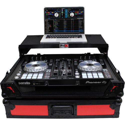 프로 ProX Flight Case for Pioneer DDJ-SR2 and Hercules DJControl Inpulse 500 Controllers with Laptop Shelf and LED Kit (Red on Black)