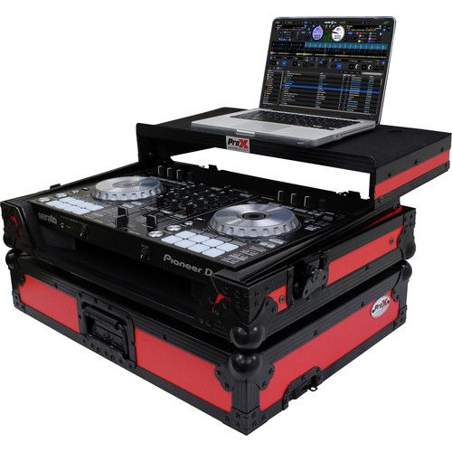 프로 ProX Flight Case for Pioneer DDJ-SR2 and Hercules DJControl Inpulse 500 Controllers with Laptop Shelf and LED Kit (Red on Black)