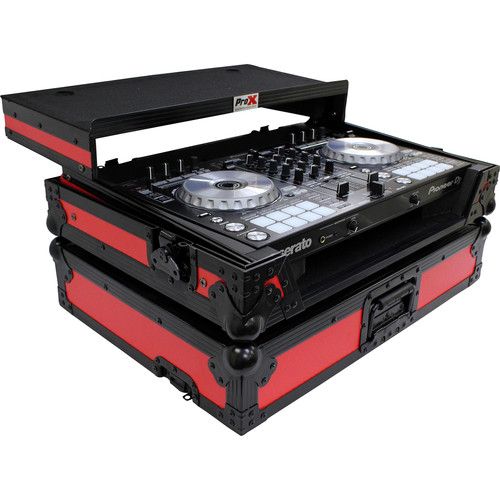 프로 ProX Flight Case for Pioneer DDJ-SR2 and Hercules DJControl Inpulse 500 Controllers with Laptop Shelf and LED Kit (Red on Black)