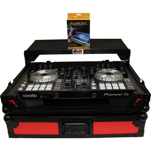 프로 ProX Flight Case for Pioneer DDJ-SR2 and Hercules DJControl Inpulse 500 Controllers with Laptop Shelf and LED Kit (Red on Black)