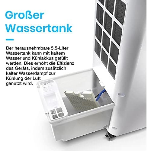 프로 Pro Breeze 5 Liter Mobiler Luftkuehler mit 4 Betriebsarten, 3 Geschwindigkeitsstufen, LED Anzeige + Fernbedienung | Klimagerat mit Wasserkuehlung, Ventilator, Luftbefeuchtung und Na