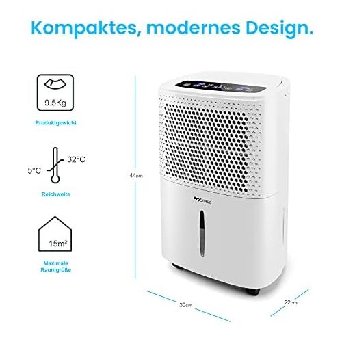 프로 Pro Breeze Luftentfeuchter 12L in 24h Entfeuchtungsleistung - Raumgroesse ca. 120m³ (~20 m²) - mit 4 Betriebsarten, Digitalanzeige, Ablaufschlauch, Waschetrocknung, Timer - Gegen Feu