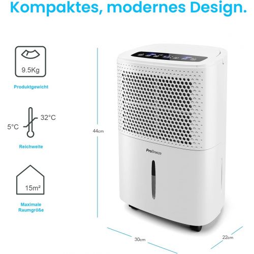 프로 Pro Breeze Luftentfeuchter 12L in 24h Entfeuchtungsleistung - Raumgroesse ca. 120m³ (~20 m²) - mit 4 Betriebsarten, Digitalanzeige, Ablaufschlauch, Waschetrocknung, Timer - Gegen Feu