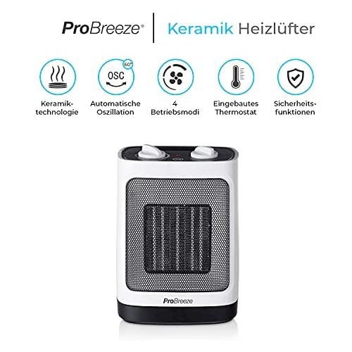 프로 Pro Breeze 2000W Mini Keramik Heizluefter mit automatischer Oszillation, zwei Leistungsstufen, energiesparender Betrieb | Weiss