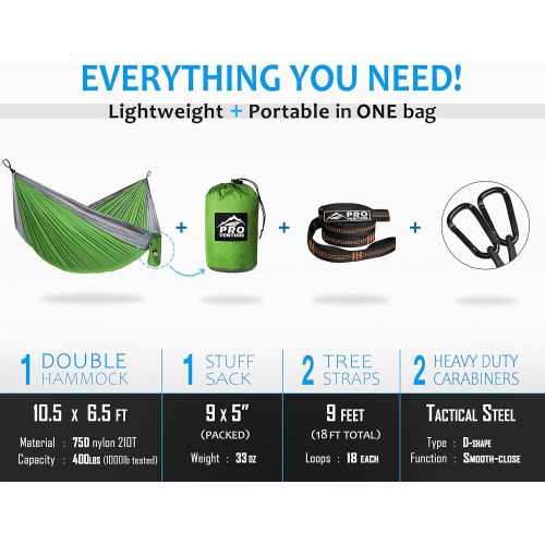 프로 Pro Venture Hammocks - Double or Single Hammock 400lbs (+2 Tree Straps + 2 Carabiners) - Portable 2 Person, Safe, Strong, Lightweight Nylon 210T - for Camping, Backpacking, Hiking,