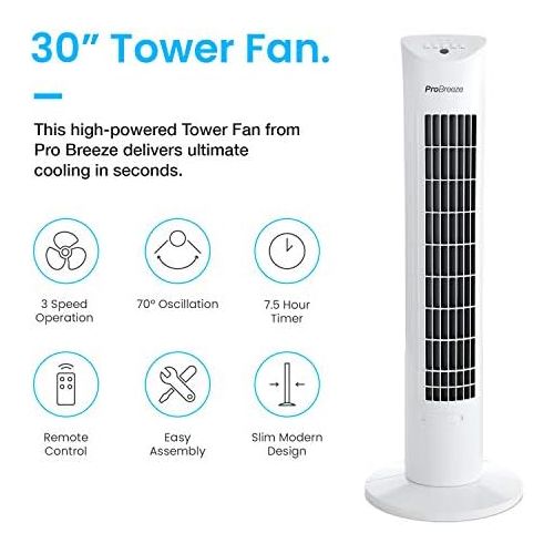 프로 [아마존베스트]Pro Breeze Oscillating Tower Fan, 79cm in Height, 70-Degree Oscillation, Column Fan with 3 Speed Settings, 60Watt Fan with Remote Control and Timer