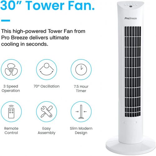 프로 [아마존베스트]Pro Breeze Oscillating Tower Fan, 79cm in Height, 70-Degree Oscillation, Column Fan with 3 Speed Settings, 60Watt Fan with Remote Control and Timer