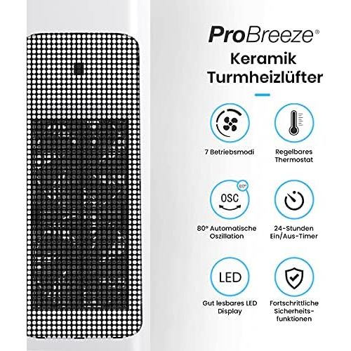 프로 Ceramic fan heater with remote control and 7 heat settings by Pro Breeze electric fan heater 2000W with overheating protection and 24h timer energy saving ECO mode and quiet op