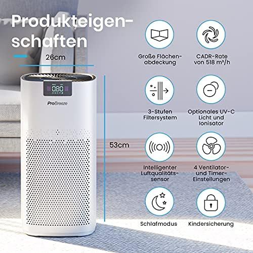 프로 Pro Breeze CADR 500 m3 Air Purifier with UV C Lamp, Air Ioniser and Activated Carbon Filter, Air Purifier with Air Quality Meter for Large Rooms (140 m²) Up to 99.5% Filter Perfo