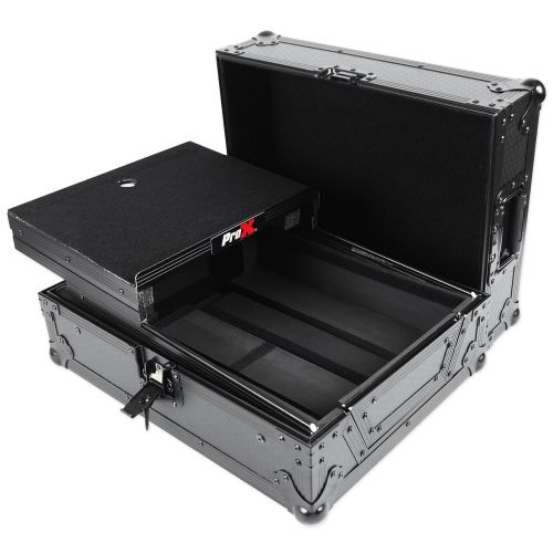프로 Pro-X ProX XS-M12LTBL Black on Black Mixer ATA300 Flight Hard Case For 12 Mixers With a Sliding Laptop Shelf and a Industrial Recessed Butterfly Twist Locklatch