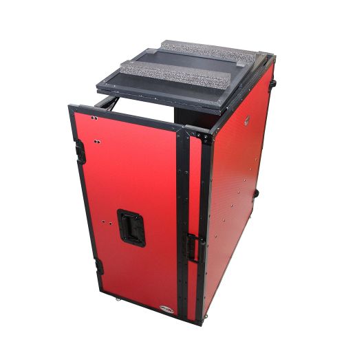 프로 Pro-X ProX Transformer Series Fold Away DJ Performance Desk Facade Red on Black W Wheels