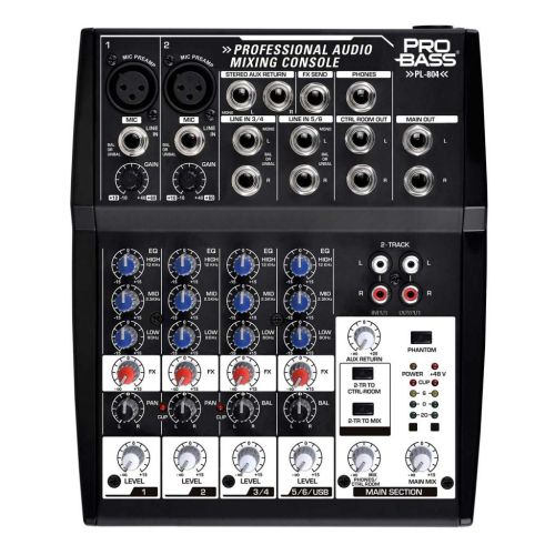 프로 Pro Bass PL-804 Professional Audio Mixing Console 8 Channels, 3 Bands EQ +48 Phantom Power