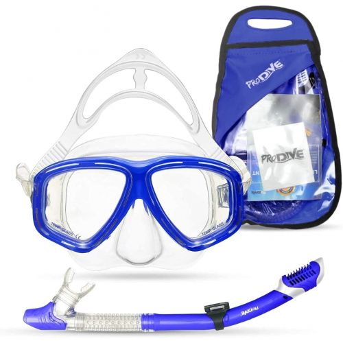  PRODIVE Premium Dry Top Snorkel Set - Impact Resistant Tempered Glass Diving Mask,Watertight and Anti-Fog Lens for Best Vision, Easy Adjustable Strap, Waterproof Gear Bag Included